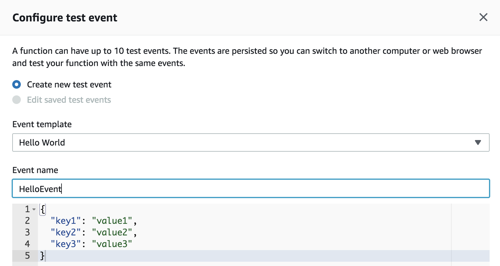Lambda create test event form
