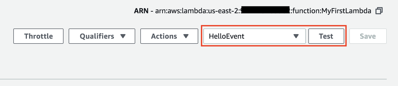 Lambda select HelloEvent and click test